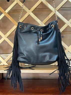 PETA approved Soft Vegan leather Black Fringed hobo Bag /Electric Blue interior